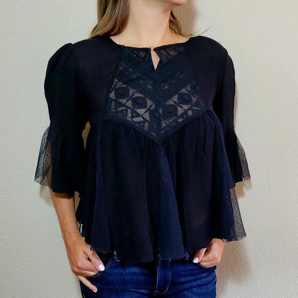Fun & Flirt Tops - Juniors Black Boho Top Small Peasant 3/4 Raglan Sleeve Womens Flowy Tulle Lace